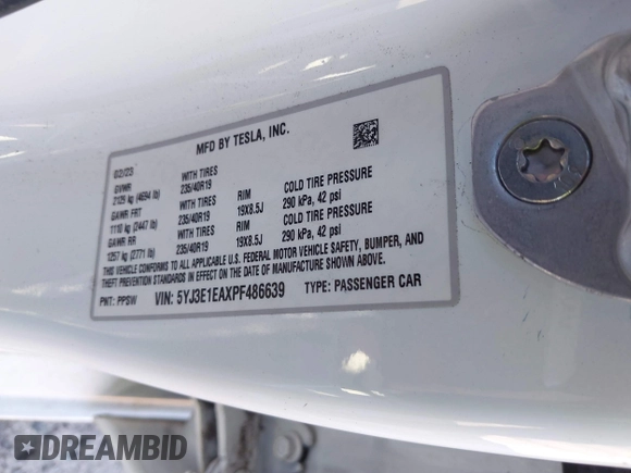 2023 Tesla Model 3 with VIN 5YJ3E1EAXPF486639, listed as a IAAI auction lot 41387797 with 18,603 mi miles and . Bid and sale history available at carsss.com. Image 9.