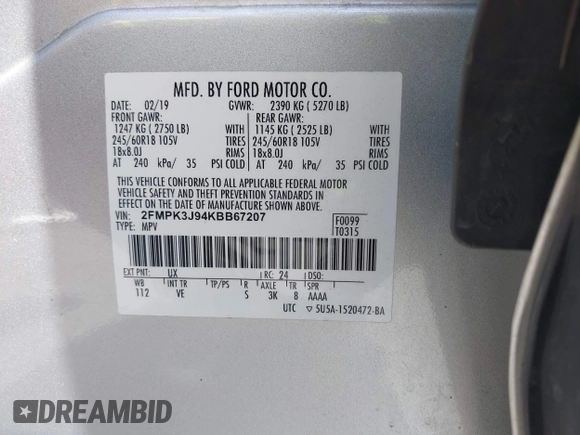 2019 Ford Edge SEL with VIN 2FMPK3J94KBB67207, listed as a IAAI auction lot 42758134 with 154,823 mi miles and . Bid and sale history available at DreamBid. Image 9.