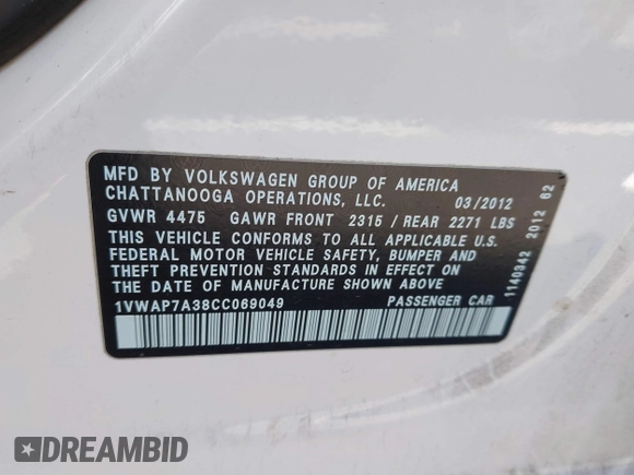 2012 Volkswagen Passat S with VIN 1VWAP7A38CC069049, listed as a IAAI auction lot 41422455 with 143,774 mi miles and . Bid and sale history available at DreamBid. Image 9.