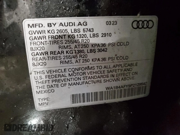 2023 Audi SQ5 Premium Plus with VIN WA1B4AFY9P2129542, listed as a Copart auction lot 44136125 with Not provided miles and Salvage title. Bid and sale history available at DreamBid. Image 13.