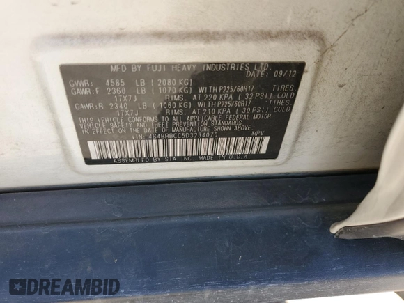2013 Subaru Outback Premium with VIN 4S4BRBCC5D3234070, listed as a Copart auction lot 57420305 with 150,708 mi miles and Clean title. Bid and sale history available at DreamBid. Image 12.