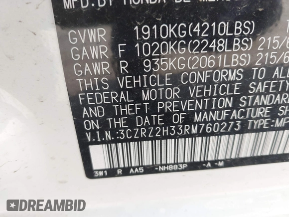 2024 Honda HR-V LX with VIN 3CZRZ2H33RM760273, listed as a IAAI auction lot 42275649 with 22,478 mi miles and . Bid and sale history available at DreamBid. Image 9.