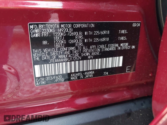 2024 Toyota Venza LE with VIN JTEAAAAH8RJ172579, listed as a IAAI auction lot 42082192 with 8,202 mi miles. Bid and sale history available at carsss.com. Image 9.