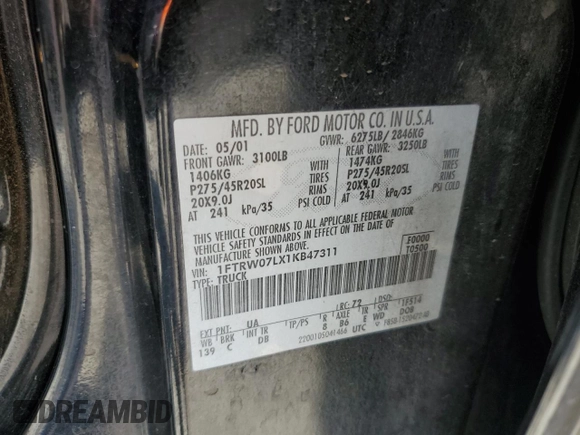 2001 Ford F-150 XLT with VIN 1FTRW07LX1KB47311, listed as a Copart auction lot 58848395 with Not provided miles and Salvage title. Bid and sale history available at DreamBid. Image 12.