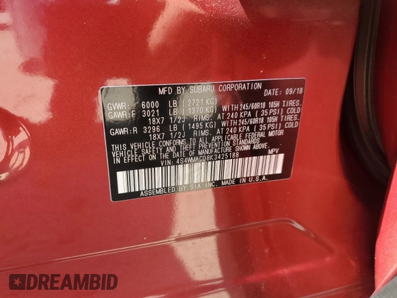 2019 Subaru Ascent Premium with VIN 4S4WMACD8K3425188, listed as a Copart auction lot 51906855 with 101,566 mi miles and Salvage title. Bid and sale history available at DreamBid. Image 14.