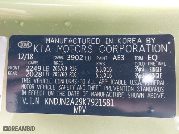 2019 Kia Soul with VIN KNDJN2A29K7921581, listed as a IAAI auction lot 41976574 with 66,816 mi miles. Bid and sale history available at carsss.com. Image 9.