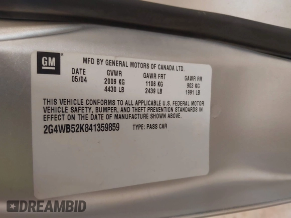 2004 Buick Regal LS с VIN 2G4WB52K841359859, выставлен на аукционе IAAI как лот 41465063 с пробегом Не указан миль и . История ставок и продаж доступна на DreamBid. Изображение 9.