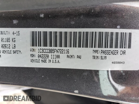 2015 Chrysler 200 S z VIN 1C3CCCBB5FN722116, wystawiony jako Copart lot #57477485 z przebiegiem 139 785 mil mil oraz Szkoda całkowita • Salvage title. Historia ofert i sprzedaży dostępna na DreamBid. Obrazek 12.