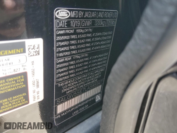 2020 Land Rover Range Rover Autobiography with VIN SALGV5SE7LA585947, listed as a Copart auction lot 59651635 with 34,451 mi miles and Salvage title. Bid and sale history available at DreamBid. Image 13.