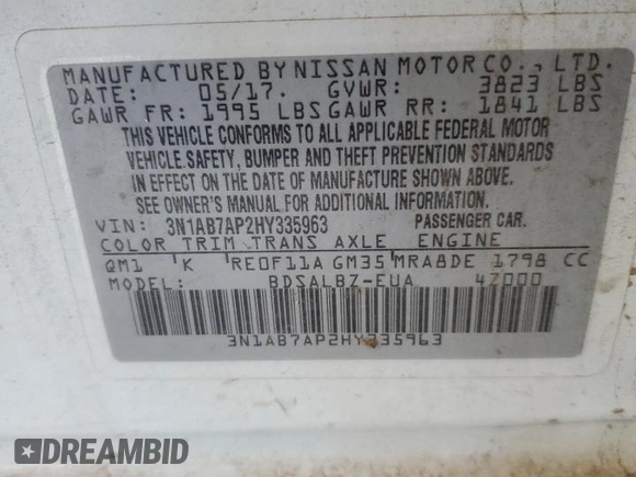 2017 Nissan Sentra S with VIN 3N1AB7AP2HY335963, listed as a Copart auction lot 52552185 with 75,119 mi miles and Salvage Title. Bid and sale history available at DreamBid. Image 14.