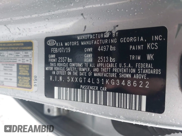 2019 Kia Optima LX with VIN 5XXGT4L31KG348622, listed as a IAAI auction lot 41726487 with 100,286 mi miles. Bid and sale history available at carsss.com. Image 9.