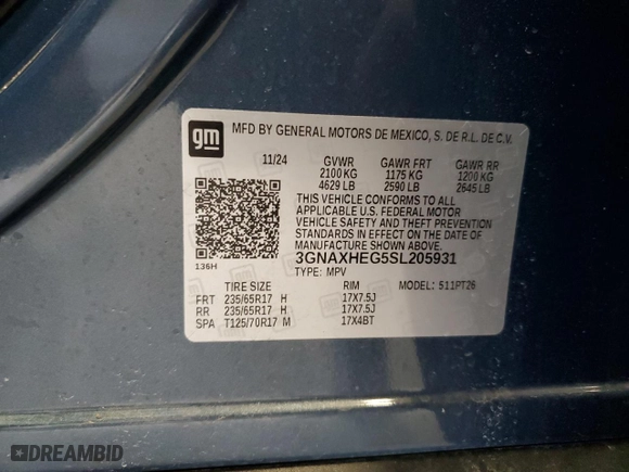 2025 Chevrolet Equinox FWD LT with VIN 3GNAXHEG5SL205931, listed as a Copart auction lot 52250945 with 8,893 mi miles and Clean Title. Bid and sale history available at carsss.com. Image 13.