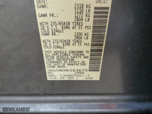 2017 Nissan Murano SL with VIN 5N1AZ2MG3HN163670, listed as a Copart auction lot 49519585 with 92,073 mi miles and Salvage Title. Bid and sale history available at carsss.com. Image 15.