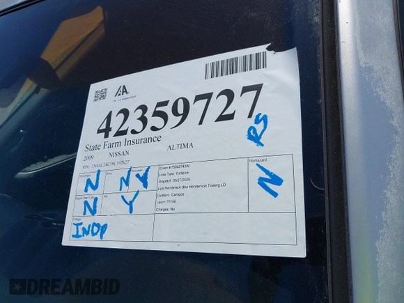 2009 Nissan Altima S z VIN 1N4AL24E59C192627, wystawiony jako IAAI lot #42359727 z przebiegiem 93 316 mil mil oraz . Historia ofert i sprzedaży dostępna na DreamBid. Obrazek 17.