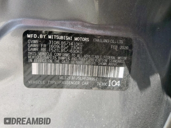 2020 Mitsubishi Mirage ES с VIN ML32F3FJ5LHF09957, выставлен на аукционе Copart как лот 61465245 с пробегом 30 347 миль миль и Списание • Salvage title. История ставок и продаж доступна на DreamBid. Изображение 12.
