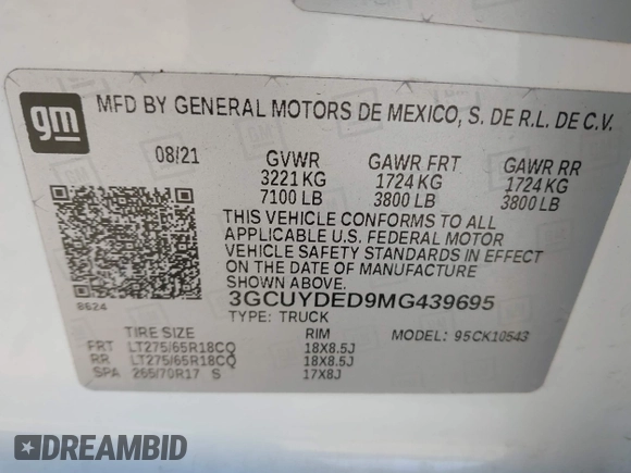 2021 Chevrolet Silverado 1500 LT with VIN 3GCUYDED9MG439695, listed as a IAAI auction lot 41832866 with 43,740 mi miles and . Bid and sale history available at DreamBid. Image 9.
