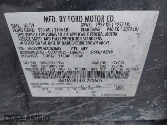 2019 Ford EcoSport Titanium with VIN MAJ6S3KL4KC283605, listed as a IAAI auction lot 41599984 with 36,844 mi miles and . Bid and sale history available at DreamBid. Image 9.