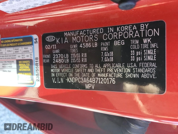 2011 Kia Sportage SX with VIN KNDPC3A64B7120176, listed as a Copart auction lot 48480145 with 208,933 mi miles and Salvage title. Bid and sale history available at DreamBid. Image 13.