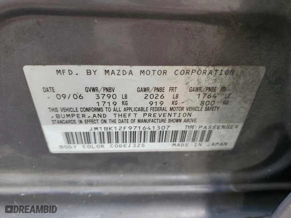 2007 Mazda Mazda3 i Sport with VIN JM1BK12F971641307, listed as a Copart auction lot 89397635 with 178,810 mi miles and Salvage Title. Bid and sale history available at carsss.com. Image 12.