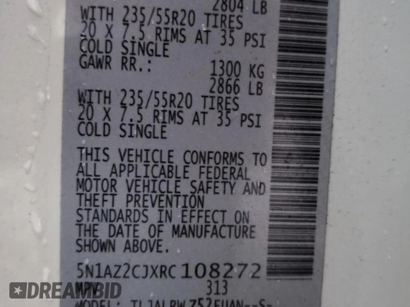 2024 Nissan Murano SL with VIN 5N1AZ2CJXRC108272, listed as a Copart auction lot 84890004 with 13,876 mi miles and Salvage title. Bid and sale history available at DreamBid. Image 15.