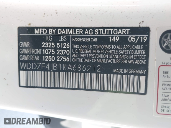 2019 Mercedes-Benz E 300 with VIN WDDZF4JB1KA686212, listed as a IAAI auction lot 41891840 with 30,088 mi miles and . Bid and sale history available at DreamBid. Image 9.