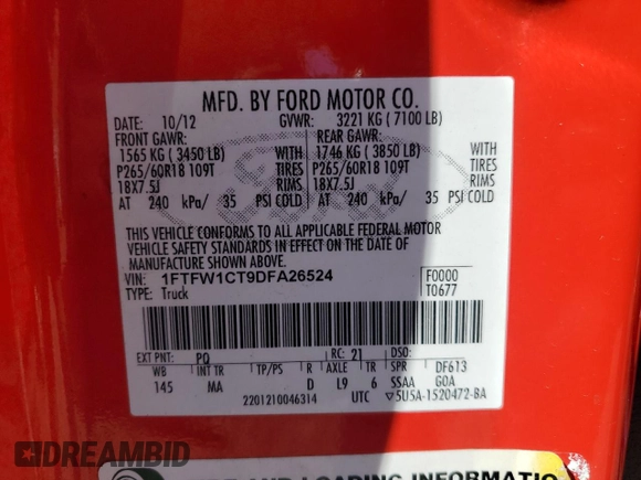 2013 Ford F-150 XL with VIN 1FTFW1CT9DFA26524, listed as a Copart auction lot 49811955 with 216,823 mi miles and Salvage Title. Bid and sale history available at carsss.com. Image 12.
