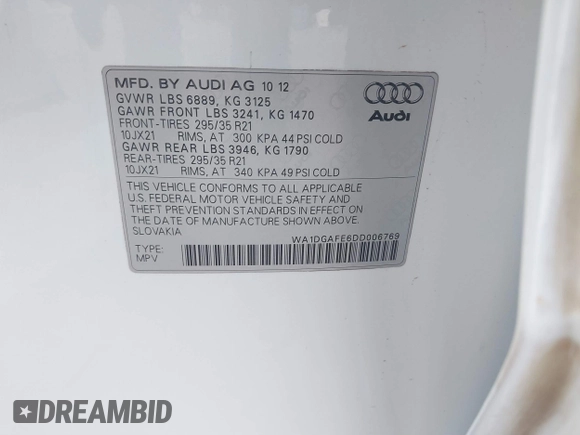 2013 Audi Q7 3.0T S line Prestige with VIN WA1DGAFE6DD006769, listed as a IAAI auction lot 41902696 with 221,058 mi miles. Bid and sale history available at carsss.com. Image 9.