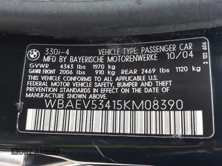 2005 BMW 3 Series 330i with VIN WBAEV53415KM08390, listed as a IAAI auction lot 41507259 with 192,211 mi miles. Bid and sale history available at carsss.com. Image 9.