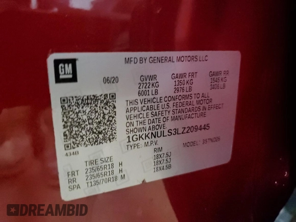 2020 GMC Acadia SLT z VIN 1GKKNULS3LZ209445, wystawiony jako Copart lot #56523835 z przebiegiem 51 733 mil mil oraz Szkoda całkowita • Salvage title. Historia ofert i sprzedaży dostępna na DreamBid. Obrazek 14.