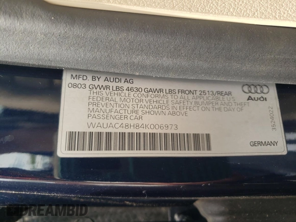 2004 Audi A4 1.8T with VIN WAUAC48H84K006973, listed as a Copart auction lot 57581245 with 118,226 mi miles and Clean title. Bid and sale history available at DreamBid. Image 12.