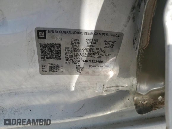 2019 GMC Sierra 1500 SLT z VIN 3GTU9DED4KG113488, wystawiony jako Copart lot #47656595 z przebiegiem 173 867 mil mil oraz Szkoda całkowita • Salvage title. Historia ofert i sprzedaży dostępna na DreamBid. Obrazek 14.