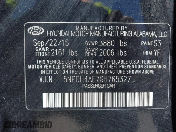 2016 Hyundai Elantra SE with VIN 5NPDH4AE7GH765327, listed as a IAAI auction lot 42310323 with Not provided miles and . Bid and sale history available at DreamBid. Image 9.