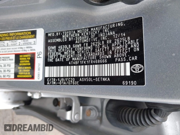 2015 Toyota Camry XLE with VIN 4T4BF1FK1FR468666, listed as a IAAI auction lot 42005934 with 124,173 mi miles and . Bid and sale history available at DreamBid. Image 9.