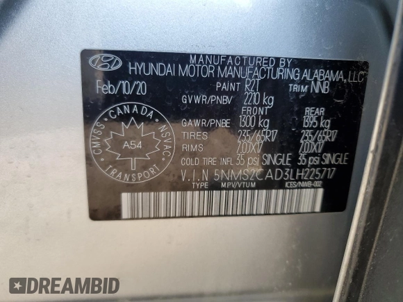2020 Hyundai Santa Fe Essential with VIN 5NMS2CAD3LH225717, listed as a Copart auction lot 46838885 with 0 mi miles and Salvage Title. Bid and sale history available at carsss.com. Image 14.