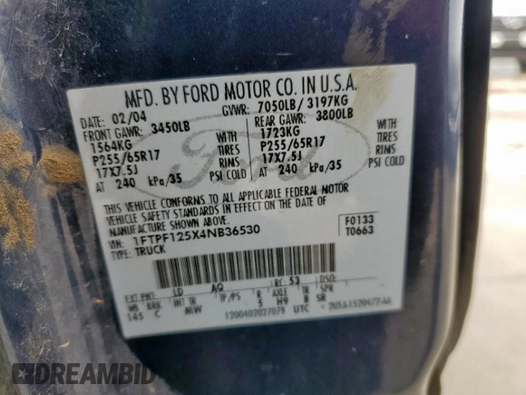 2004 Ford F-150 XL with VIN 1FTPF125X4NB36530, listed as a Copart auction lot 54980485 with 170,853 mi miles and Clean title. Bid and sale history available at DreamBid. Image 12.