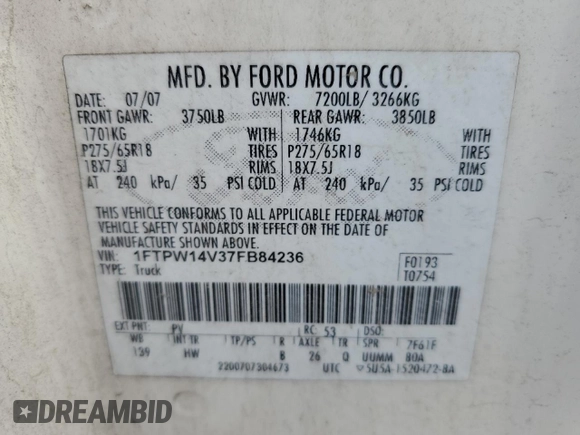 2007 Ford F-150 XLT with VIN 1FTPW14V37FB84236, listed as a Copart auction lot 54971705 with 255,619 mi miles and Clean Title. Bid and sale history available at DreamBid. Image 12.