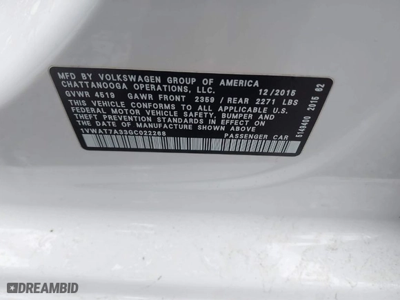 2016 Volkswagen Passat 1.8T S with VIN 1VWAT7A33GC022268, listed as a IAAI auction lot 41551542 with 124,588 mi miles. Bid and sale history available at carsss.com. Image 9.