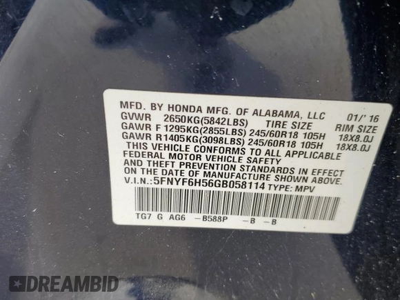 2016 Honda Pilot EX-L with VIN 5FNYF6H56GB058114, listed as a Copart auction lot 47833425 with 150,012 mi miles and Salvage Title. Bid and sale history available at carsss.com. Image 14.