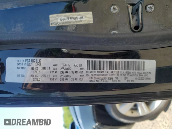 2017 Jeep Compass High Altitude with VIN 1C4NJDEB9HD191846, listed as a Copart auction lot 63503625 with 121,168 mi miles and Clean title. Bid and sale history available at DreamBid. Image 14.