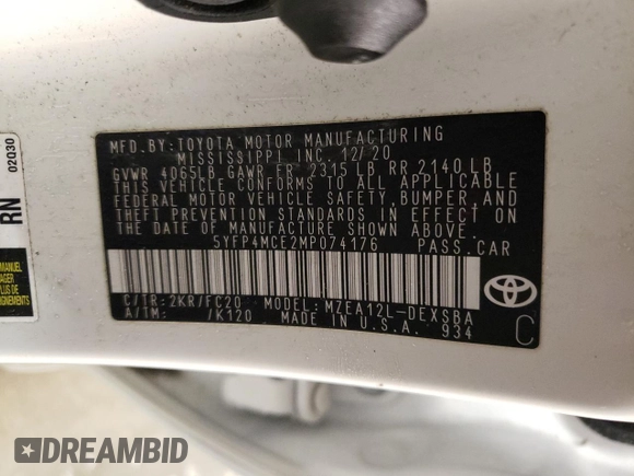2021 Toyota Corolla SE with VIN 5YFP4MCE2MP074176, listed as a Copart auction lot 44899795 with 69,400 mi miles and Salvage Title. Bid and sale history available at DreamBid. Image 12.