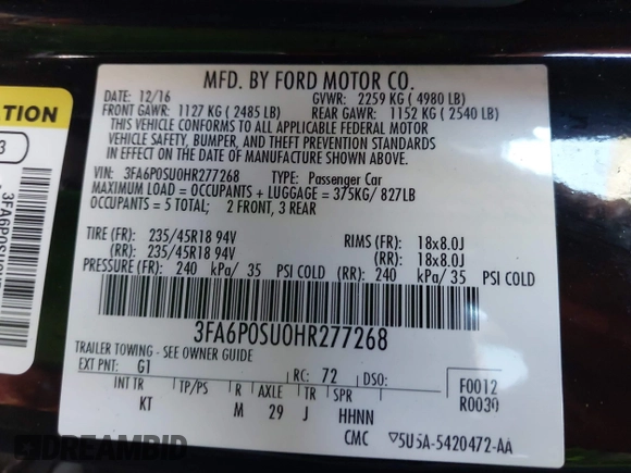 2017 Ford Fusion Titanium with VIN 3FA6P0SU0HR277268, listed as a IAAI auction lot 41798990 with 140,452 mi miles and . Bid and sale history available at DreamBid. Image 9.
