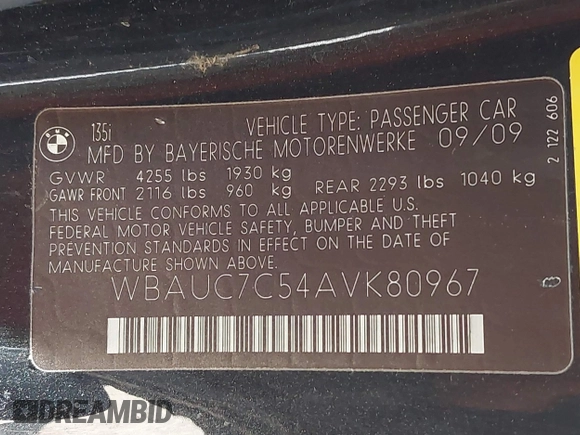 2010 BMW 1 Series 135i with VIN WBAUC7C54AVK80967, listed as a IAAI auction lot 42553077 with Not provided miles and . Bid and sale history available at DreamBid. Image 9.