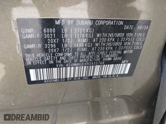 2024 Subaru Ascent Limited z VIN 4S4WMAUDXR3455768, wystawiony jako IAAI lot #42236821 z przebiegiem Nie podano mil oraz . Historia ofert i sprzedaży dostępna na DreamBid. Obrazek 9.