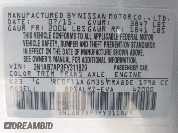 2015 Nissan Sentra S with VIN 3N1AB7AP3FY311829, listed as a IAAI auction lot 41903859 with 181,519 mi miles and . Bid and sale history available at DreamBid. Image 9.