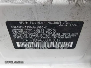 2013 Subaru Impreza 2.0i with VIN JF1GPAA68DH818317, listed as a IAAI auction lot 42608084 with 125,603 mi miles and . Bid and sale history available at DreamBid. Image 9.