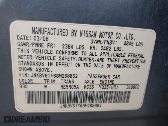 2008 Infiniti G35 Sedan x with VIN JNKBV61F68M268862, listed as a Copart auction lot 80393994 with 226,917 mi miles and Salvage Title. Bid and sale history available at carsss.com. Image 12.