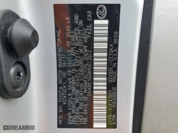 2017 Lexus ES with VIN 58ABK1GG8HU073072, listed as a Copart auction lot 50841435 with 0 mi miles and Salvage Title. Bid and sale history available at carsss.com. Image 15.