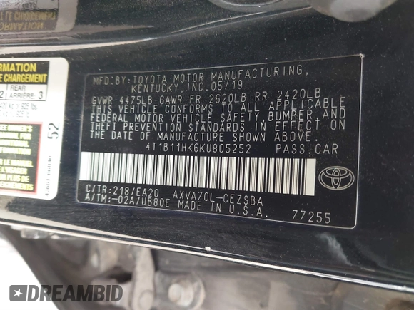 2019 Toyota Camry LE z VIN 4T1B11HK6KU805252, wystawiony jako IAAI lot #41787833 z przebiegiem 85 196 mil mil oraz . Historia ofert i sprzedaży dostępna na DreamBid. Obrazek 9.