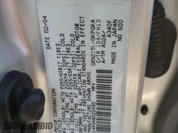 2004 Toyota 4Runner SR5 with VIN JTEBU14R948022495, listed as a Copart auction lot 41428365 with 190,817 mi miles and Salvage title. Bid and sale history available at DreamBid. Image 12.