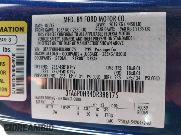 2013 Ford Fusion SE with VIN 3FA6P0HR4DR388175, listed as a IAAI auction lot 42561541 with 110,728 mi miles and . Bid and sale history available at DreamBid. Image 9.